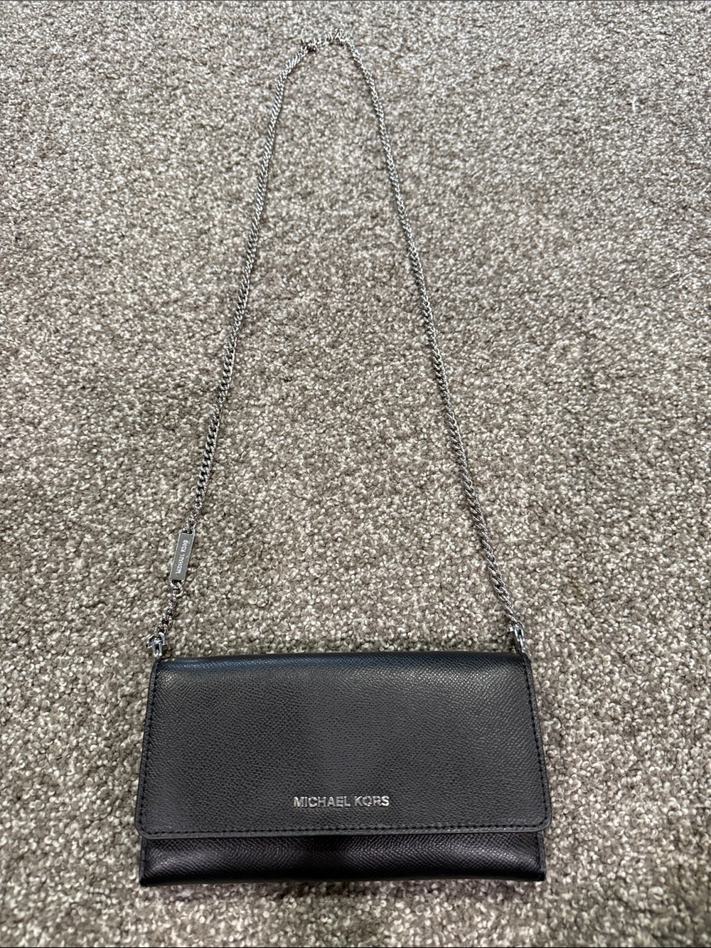 Michael Kors Black Leather Crossbody with Silver Chain